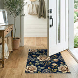 Vintage Cream Roses Baroque Navy Area Rug