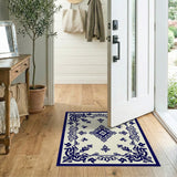 Navy Blue Ornate Damask Border Area Rug