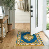 Navy Blue Traditional Persian Rug with Gold Ornate Border