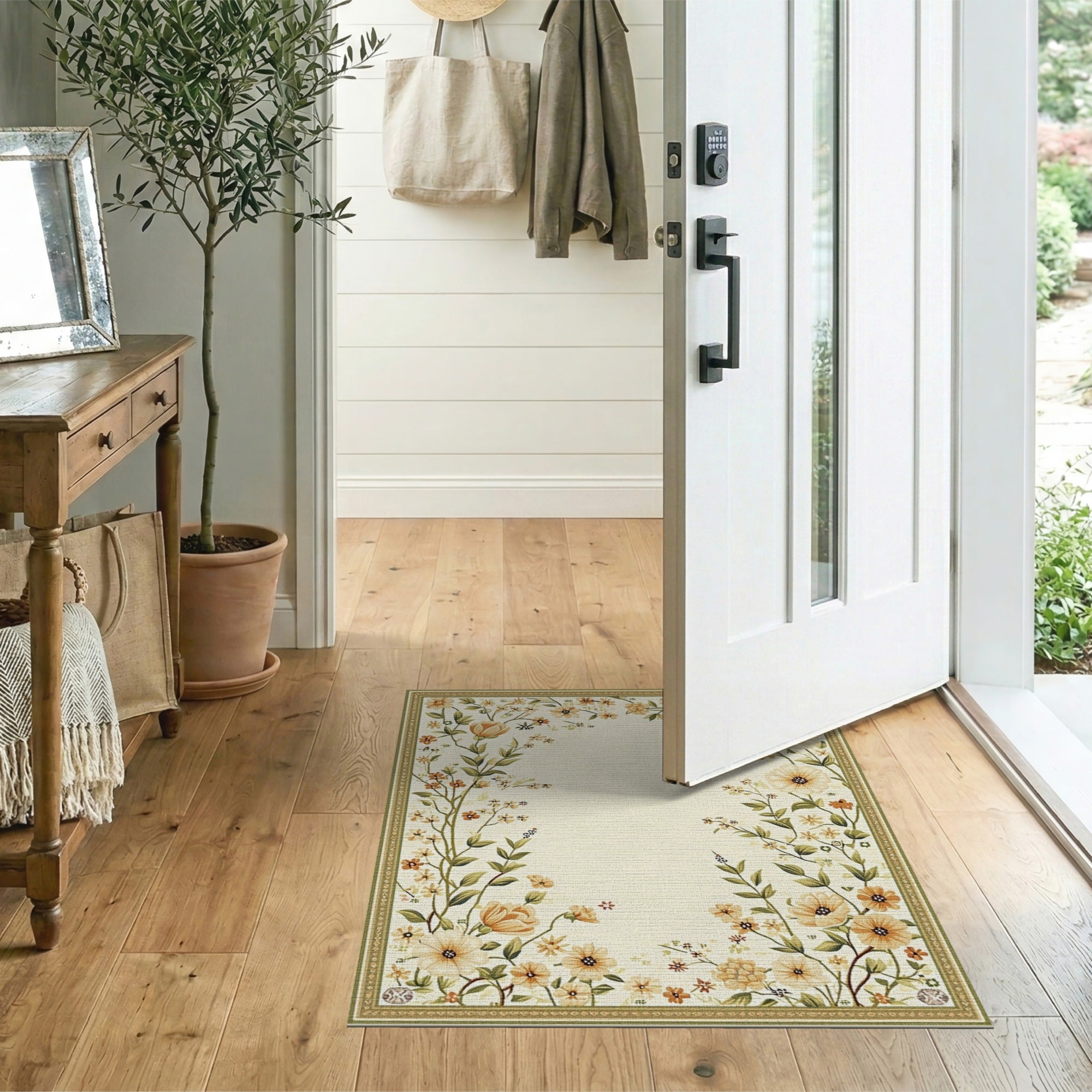 Vintage Ivory Floral Border Area Rug