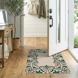 Teal Ornate Leaf Border Area Rug