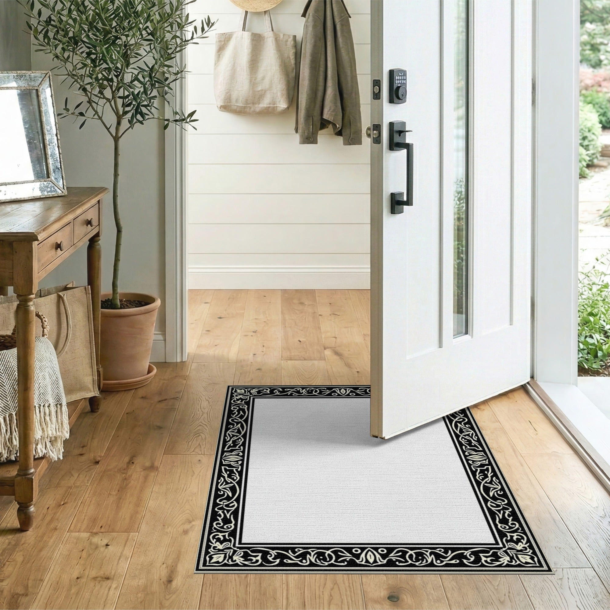 Floral Vintage Ornate Black White Floral Frame Area Rug