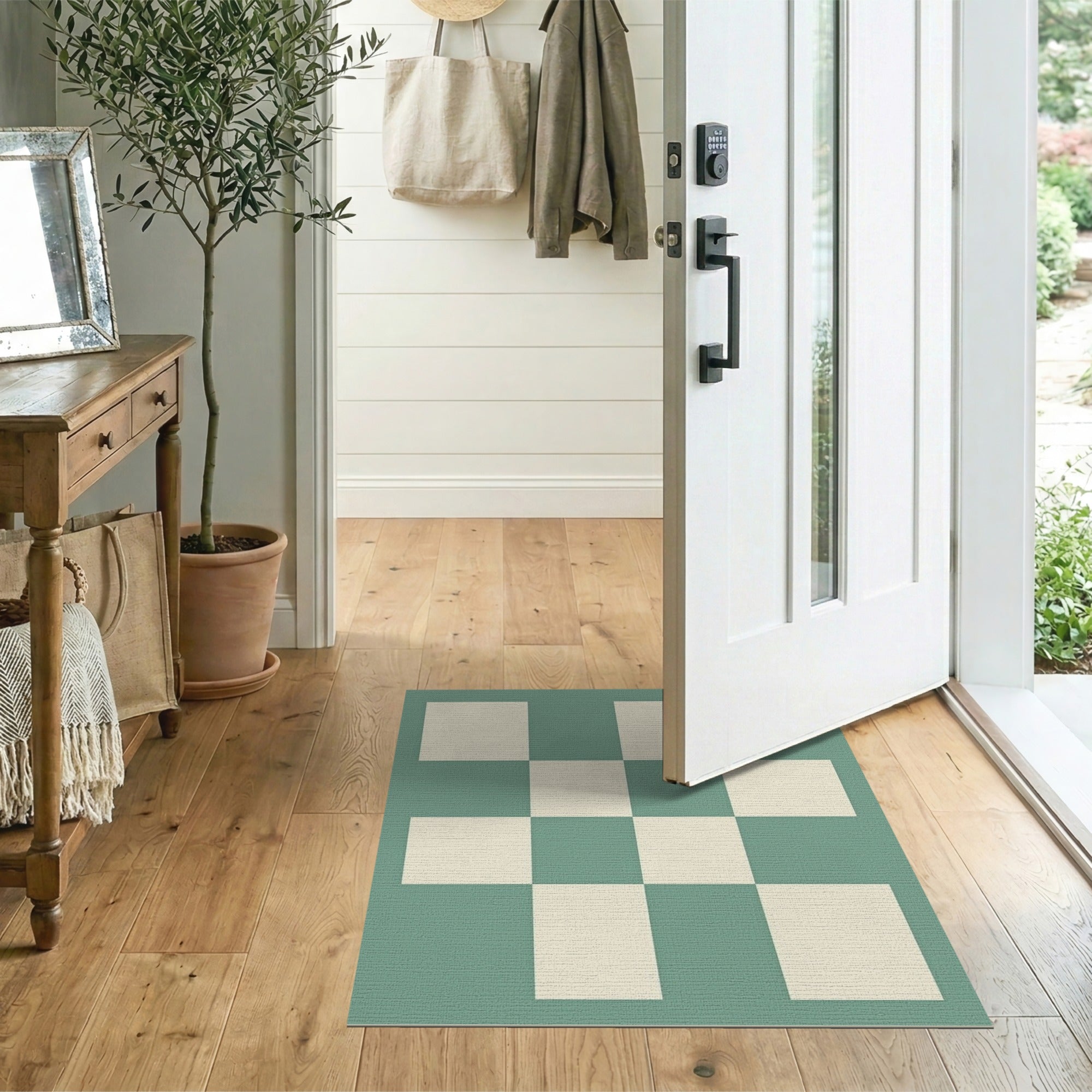 Teal and Ivory Checkered Geometric Area Rug