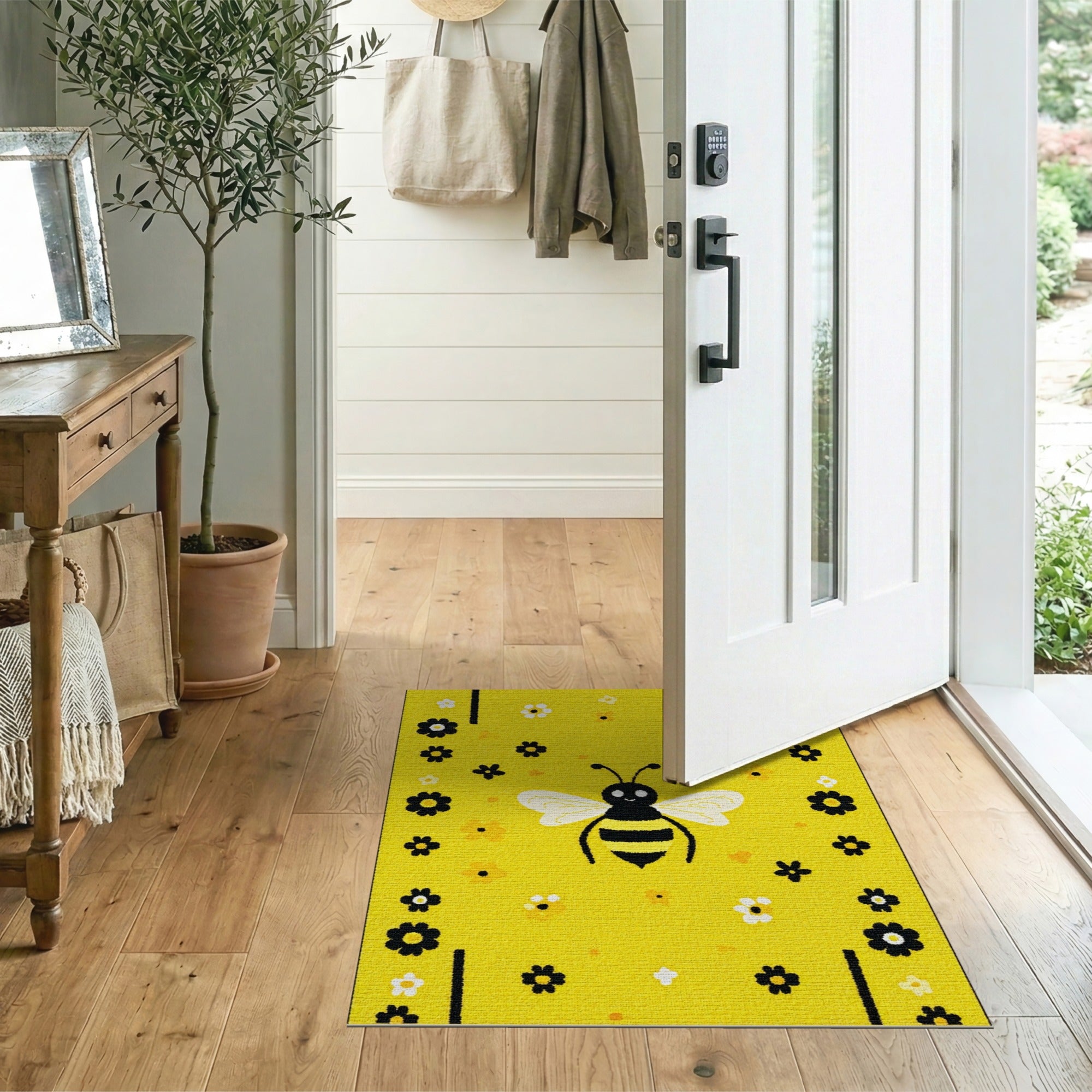 Cute Cartoon Bee on Sunny Yellow Floral Rug