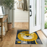 Cute Cartoon Lion Kids Area Rug in Yellow Grey