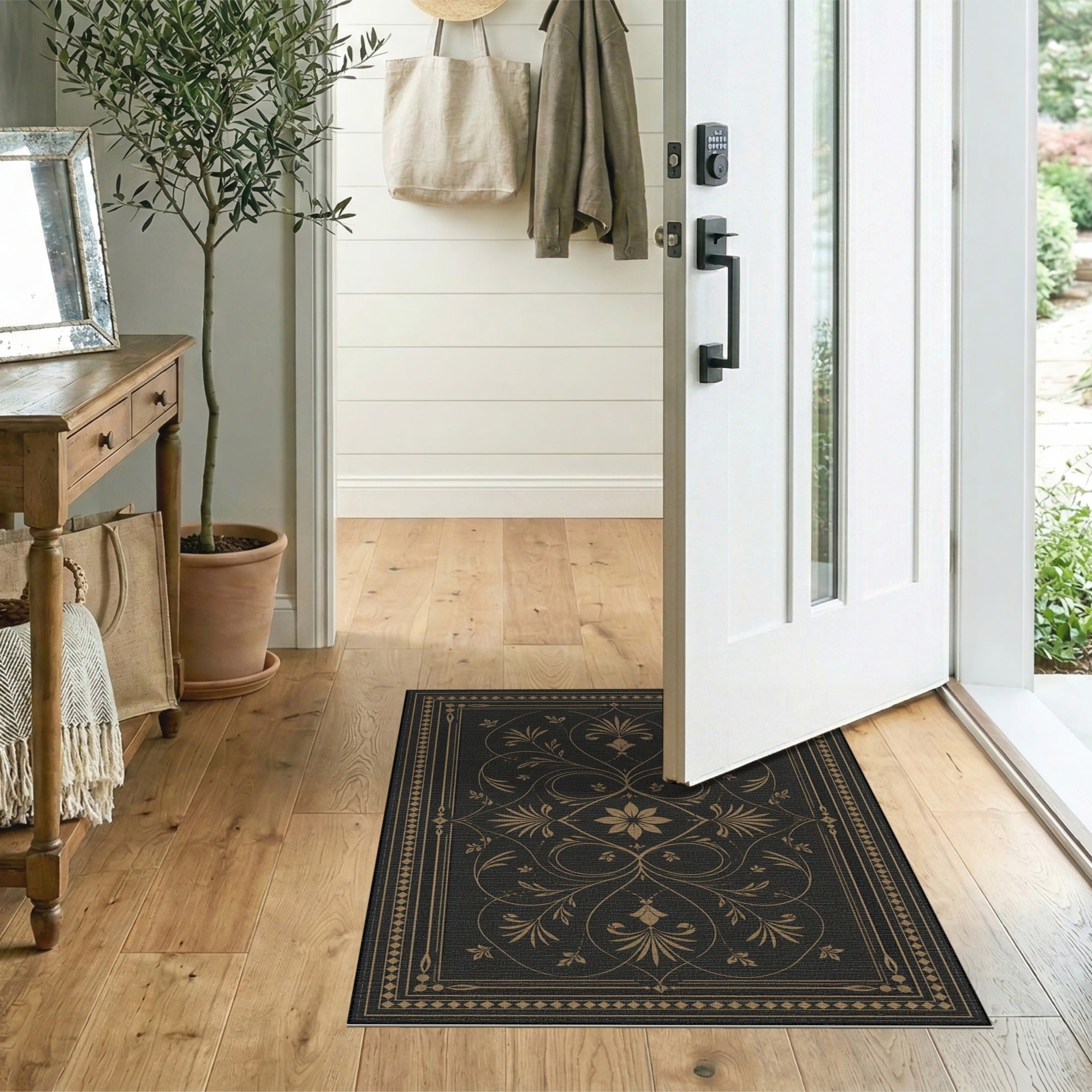 Gold and Silver Ornate Gold Floral Black Area Rug