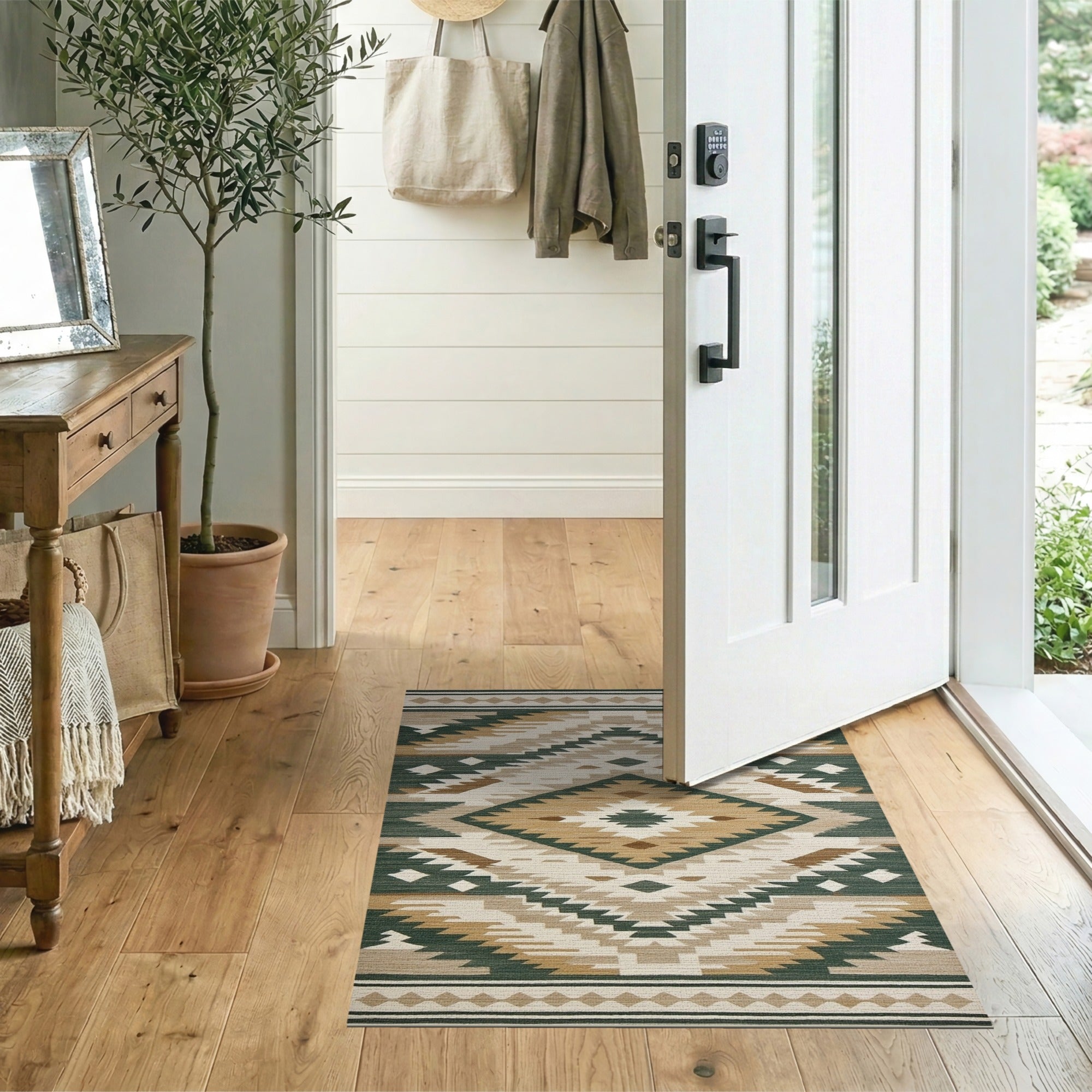 ODIKA Washable Southwestern Area Rug, Low Pile Forest Green & Tan Non-Slip Tribal Rug