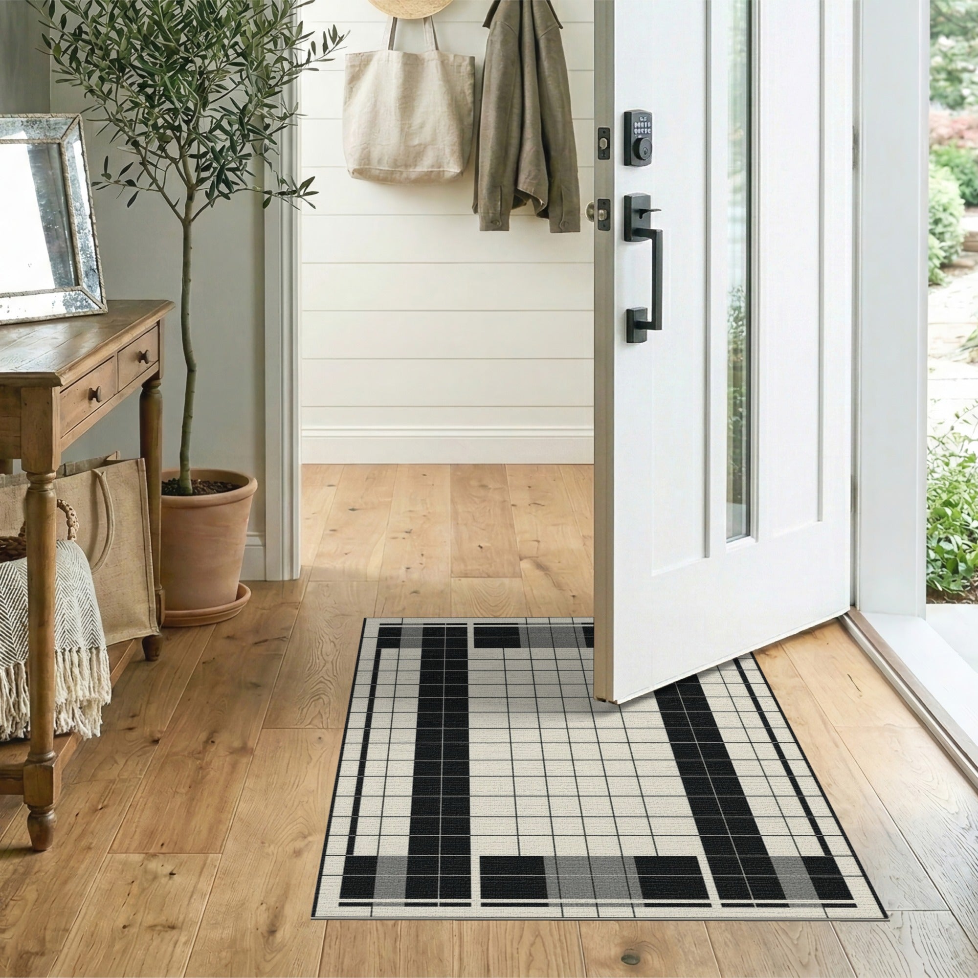Modern Grid Geometric Black White Area Rug