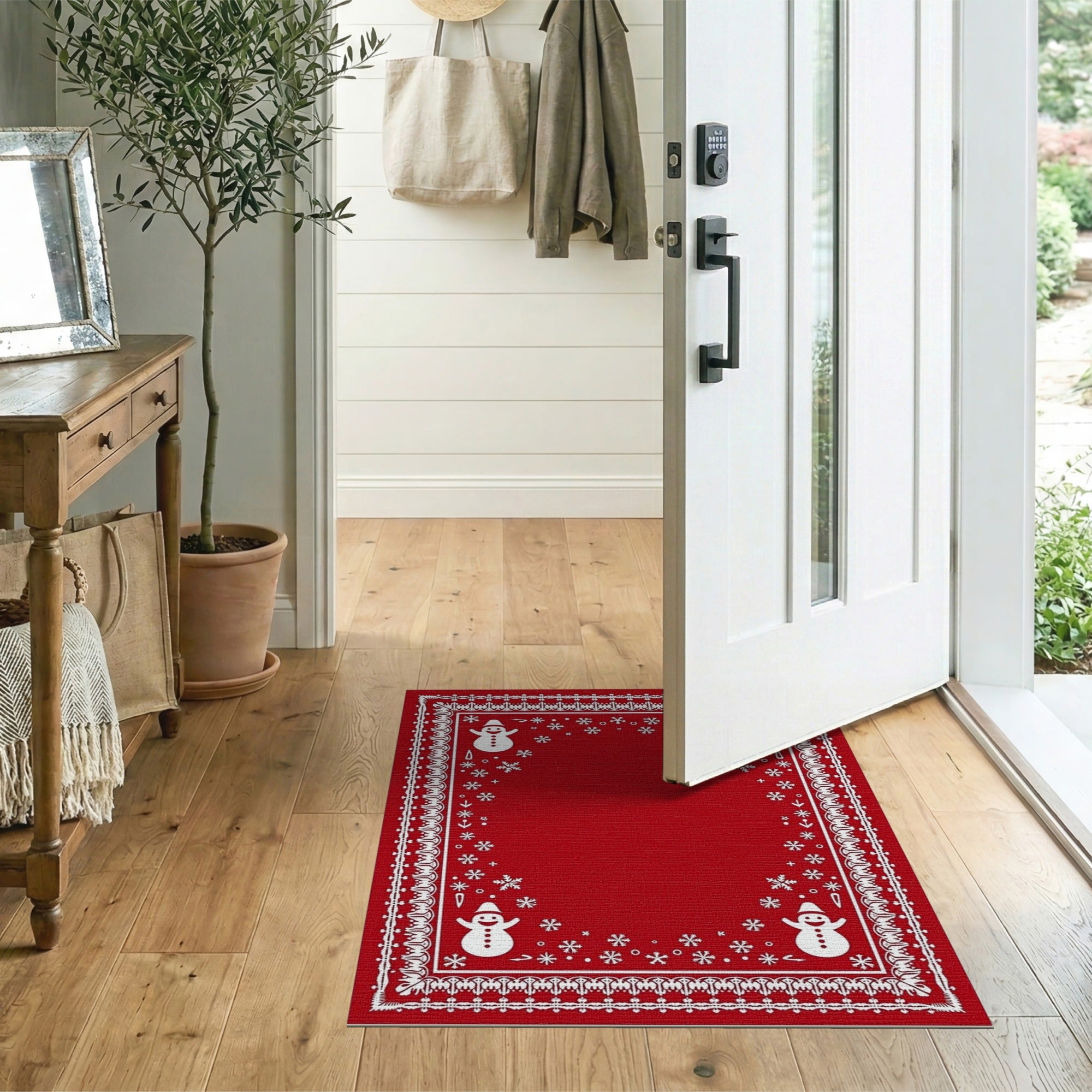 Festive Red Snowmen Snowflake Border Rug