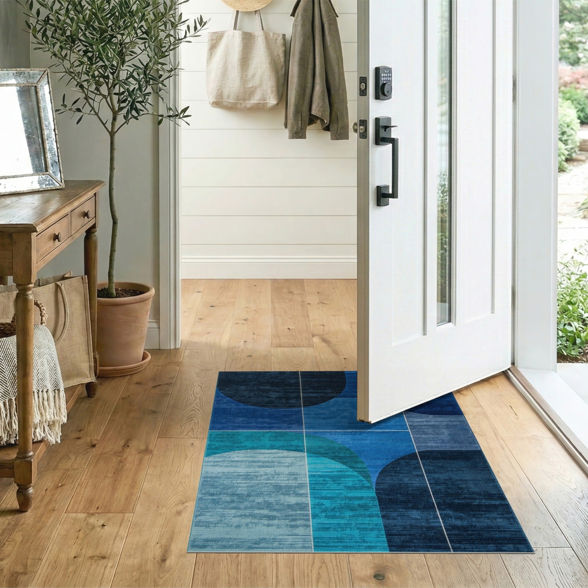 Blue and Teal Blue Teal Curved Geometric Area Rug
