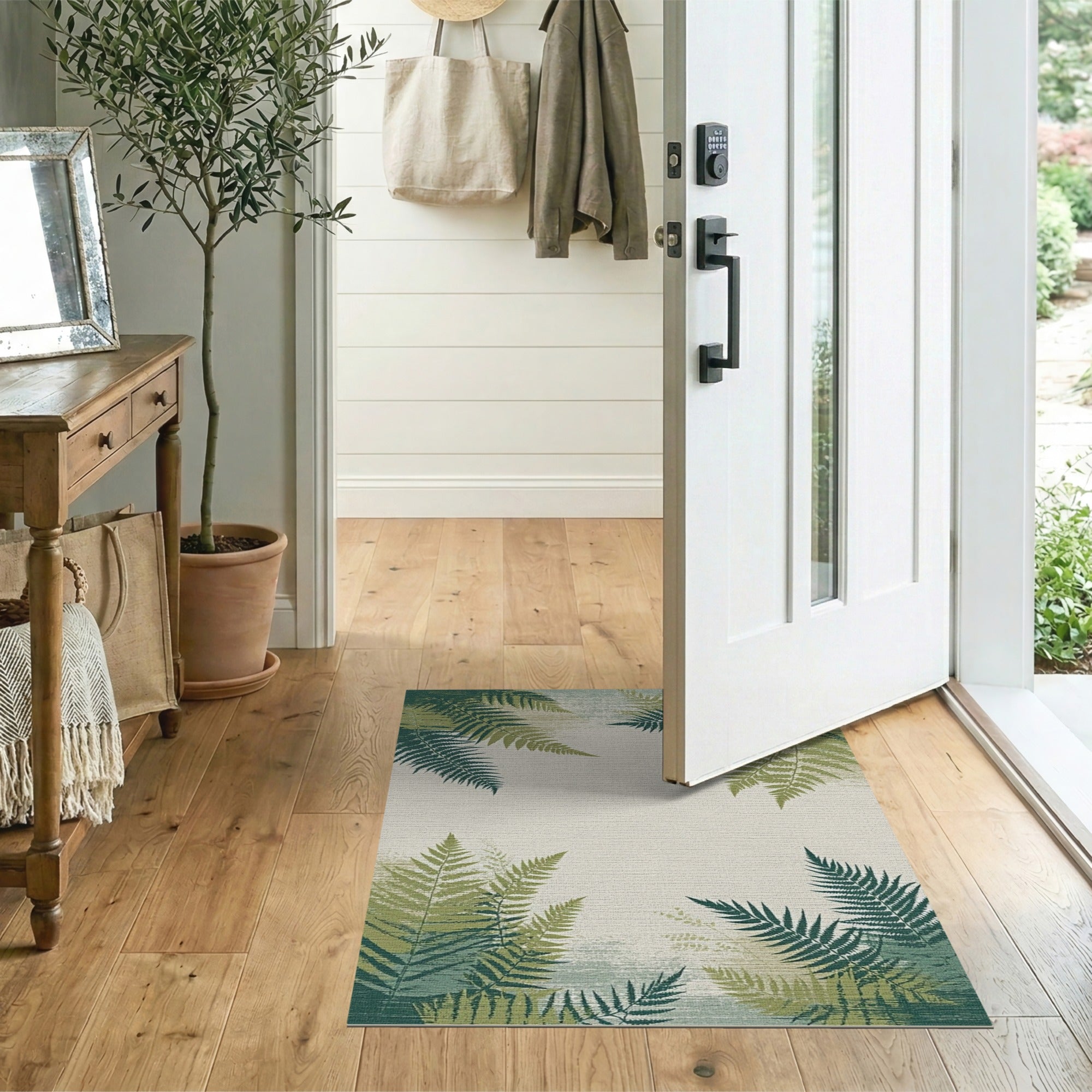 Distressed Vintage Lush Green Fern Border Area Rug