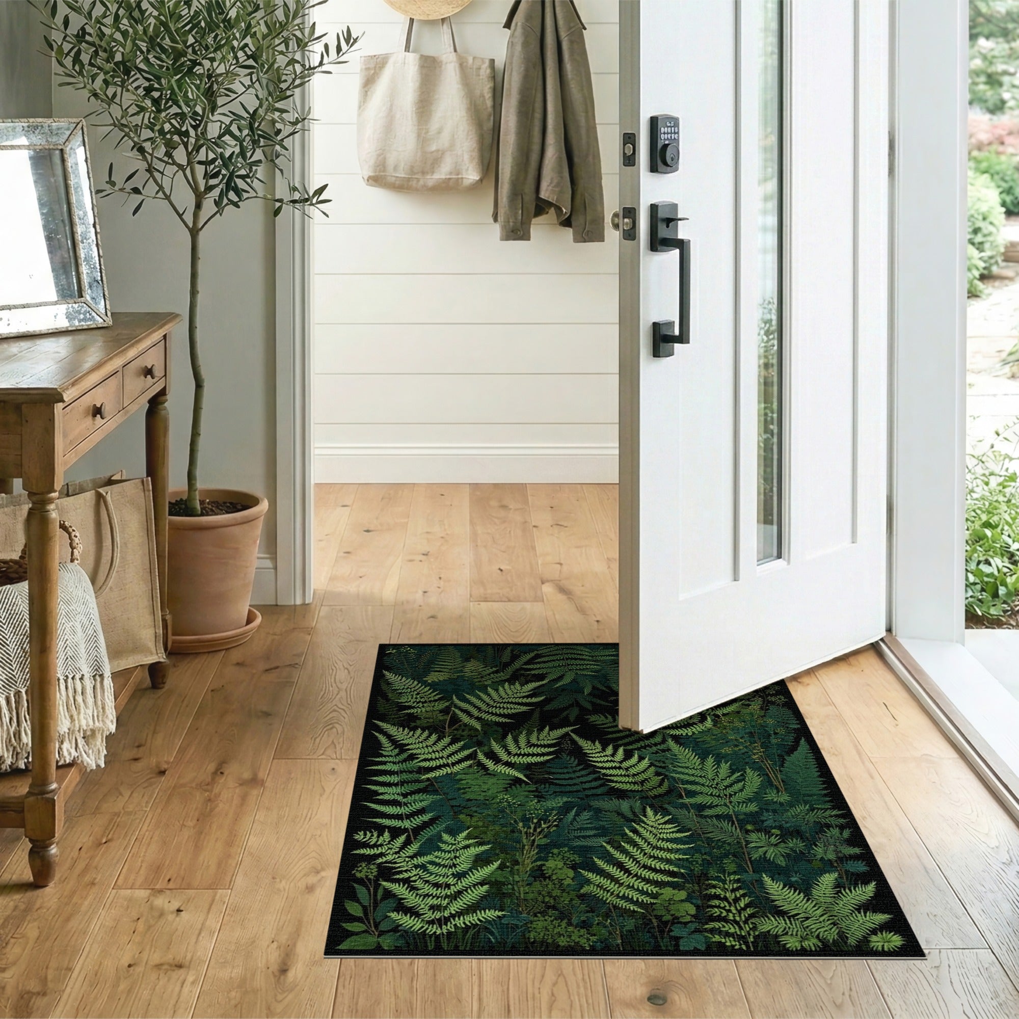 ODIKA Dark Green Fern Botanical Washable Low Pile Area Rug