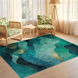 ODIKA Washable Abstract Teal & Gold Ocean Rug - Low Pile Non-Slip Area Rug