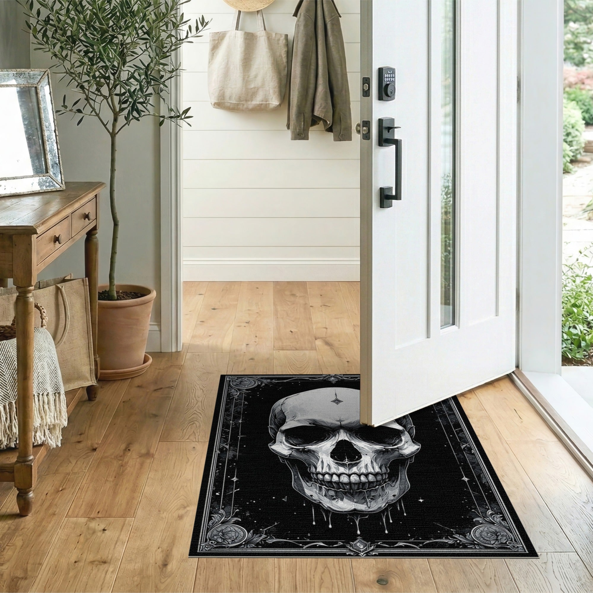 Black and White Ornate Gothic Skull Area Rug