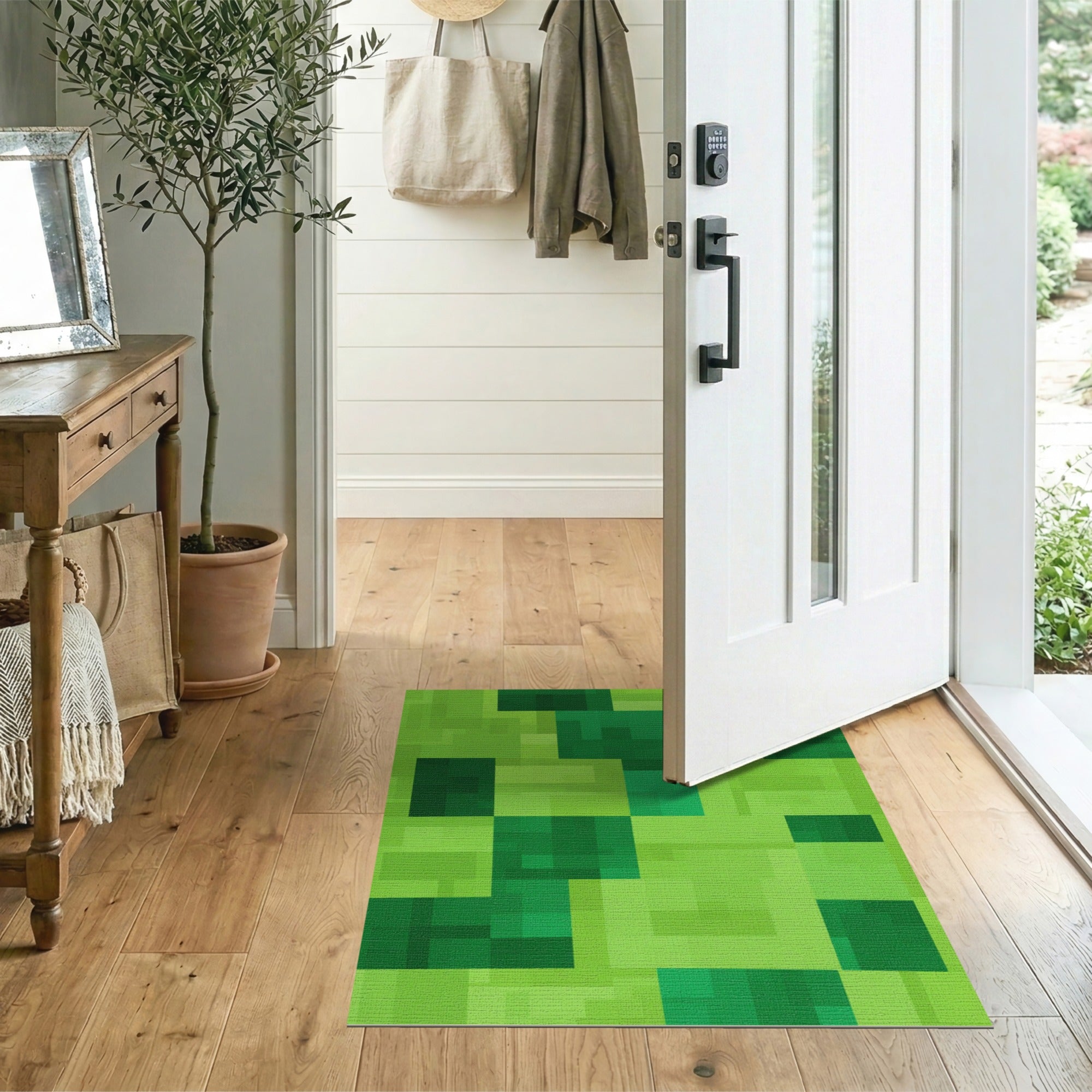 ODIKA Modern Green Pixelated Geometric Washable Rug - Low Pile, Non-Slip, Pet & Kid Friendly