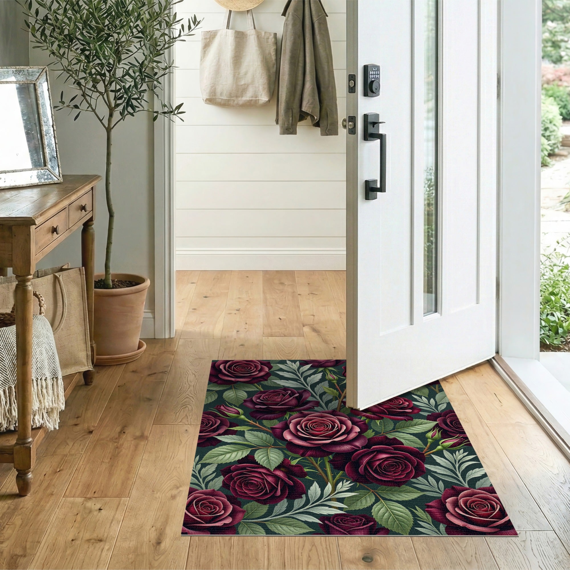 Red Vintage Burgundy Rose Floral Area Rug