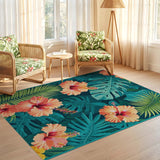ODIKA Tropical Hibiscus Floral Washable Area Rug - Teal & Orange Low Pile Non-Slip