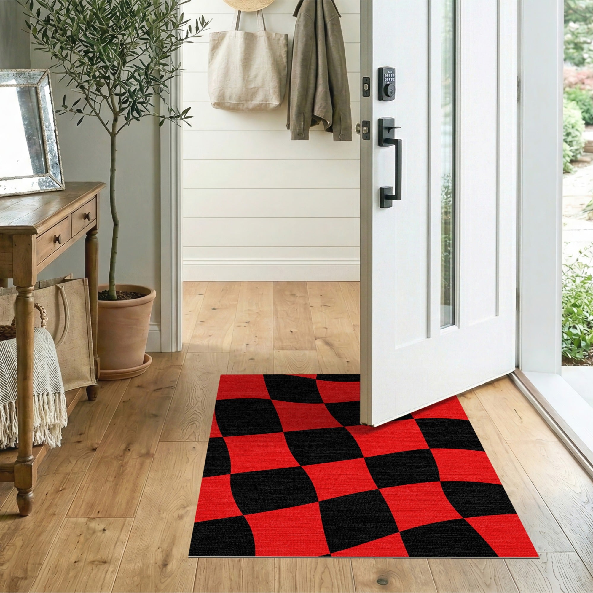 Dynamic Wavy Red Black Checkered Area Rug