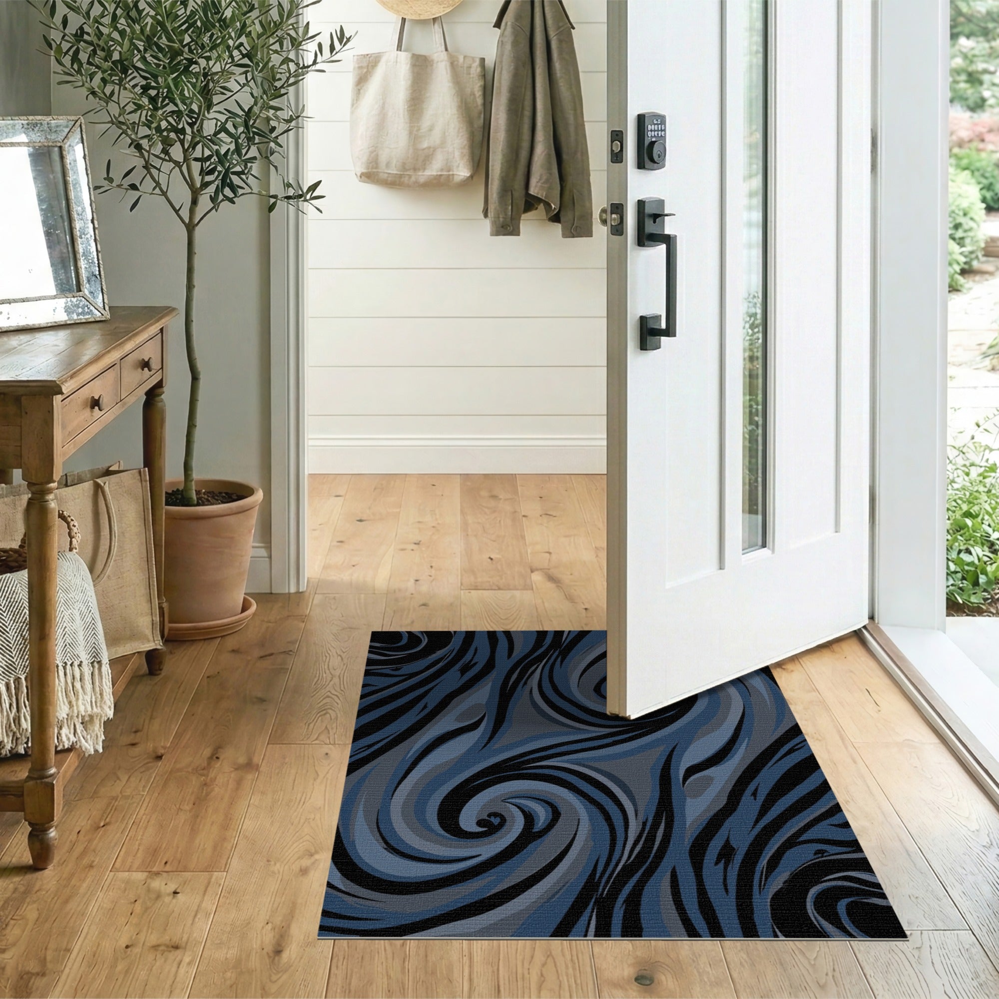 ODIKA Modern Abstract Swirl Navy Blue Washable Rug - Low Pile Non-Slip Area Rug
