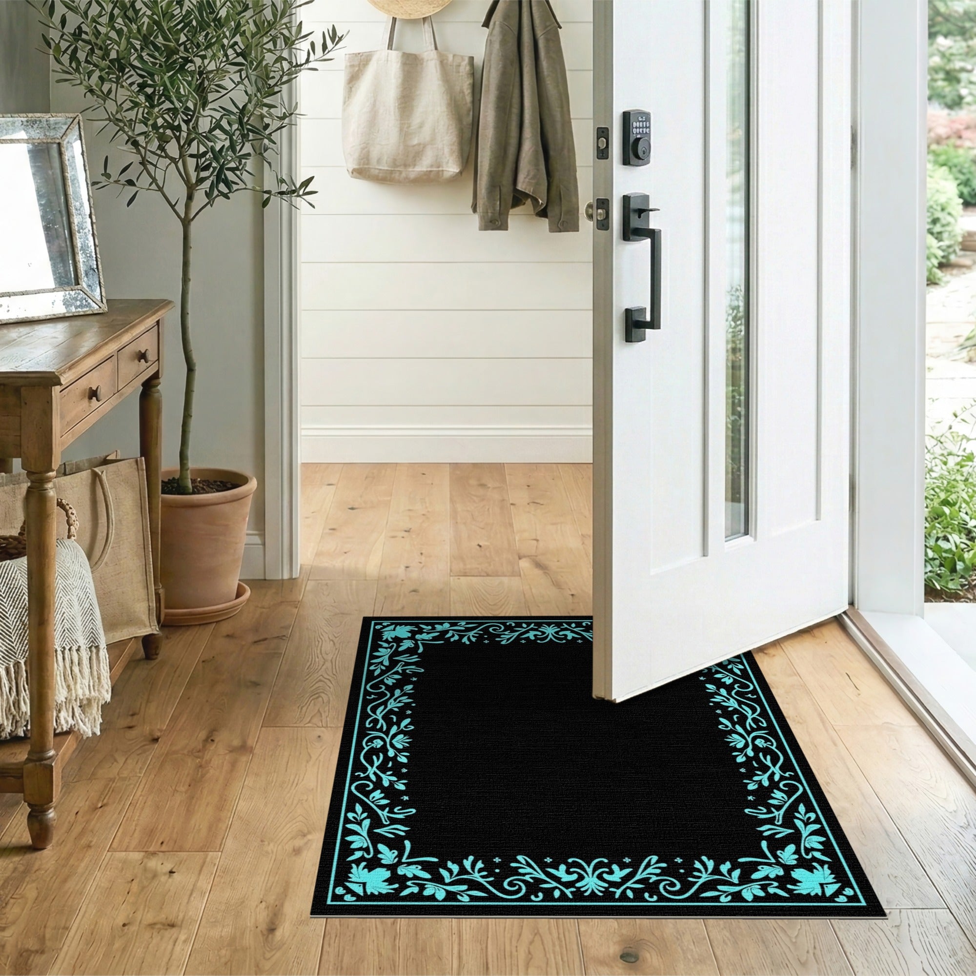 Floral Vintage Blue and Teal Elegant Teal Floral Border Area Rug