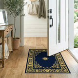 Navy Blue Gold Floral Border Persian Area Rug