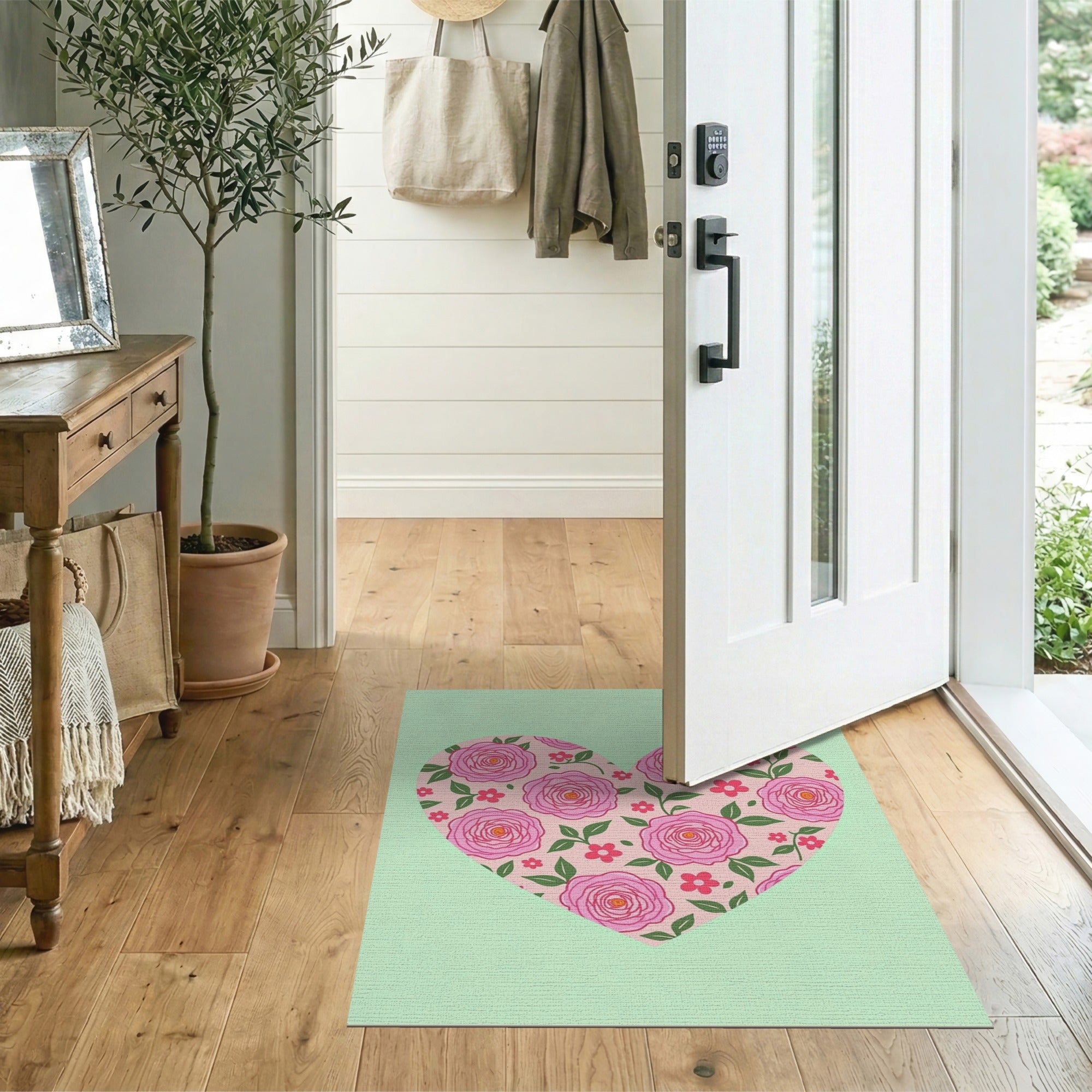 Romantic Pink Rose Heart Area Rug