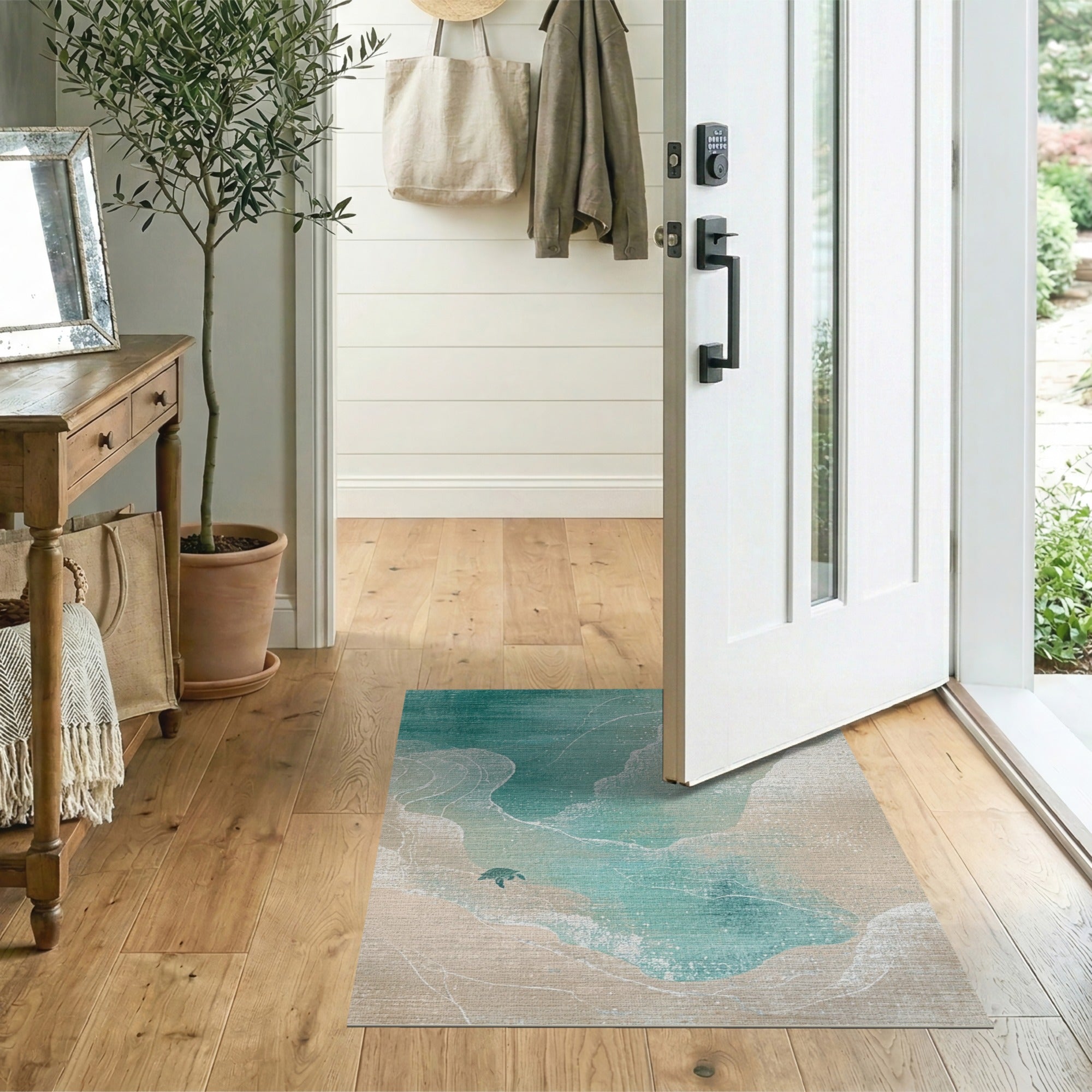 Washable Abstract Coastal Sea Turtle Area Rug - Teal & Beige