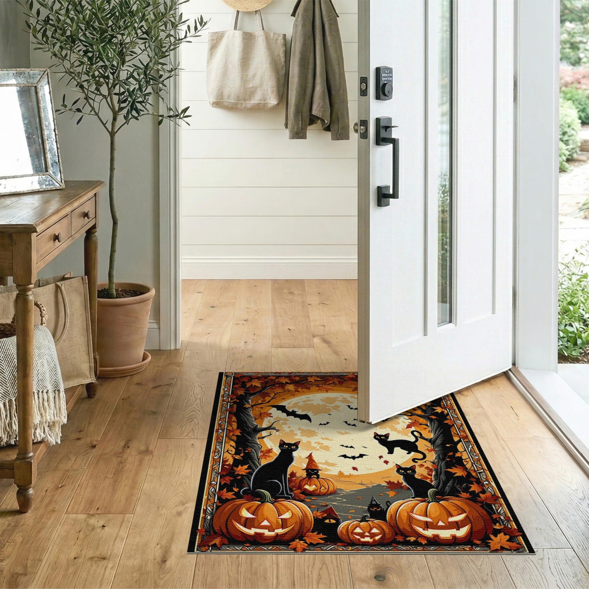 Halloween Black Cats Pumpkins Bats Full Moon Area Rug