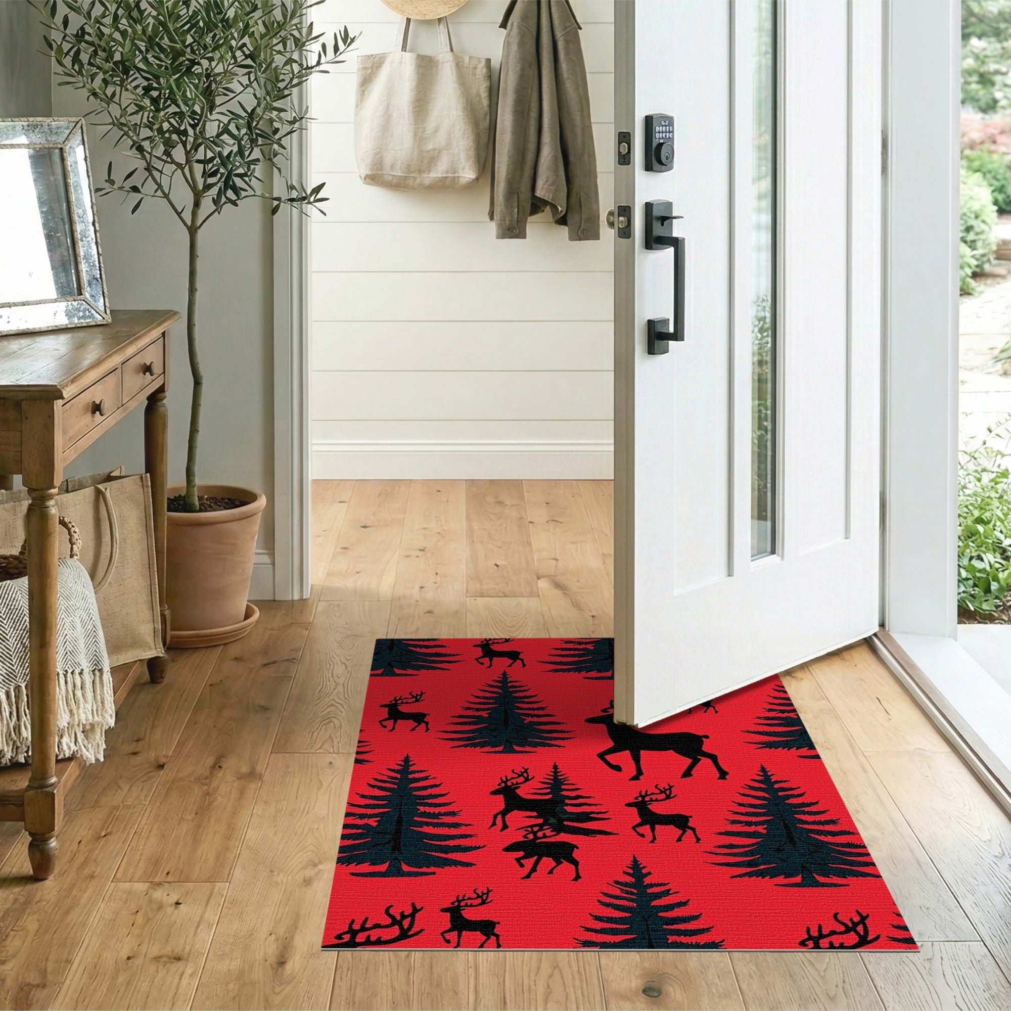 Bold Red Deer Pine Tree Silhouette Area Rug