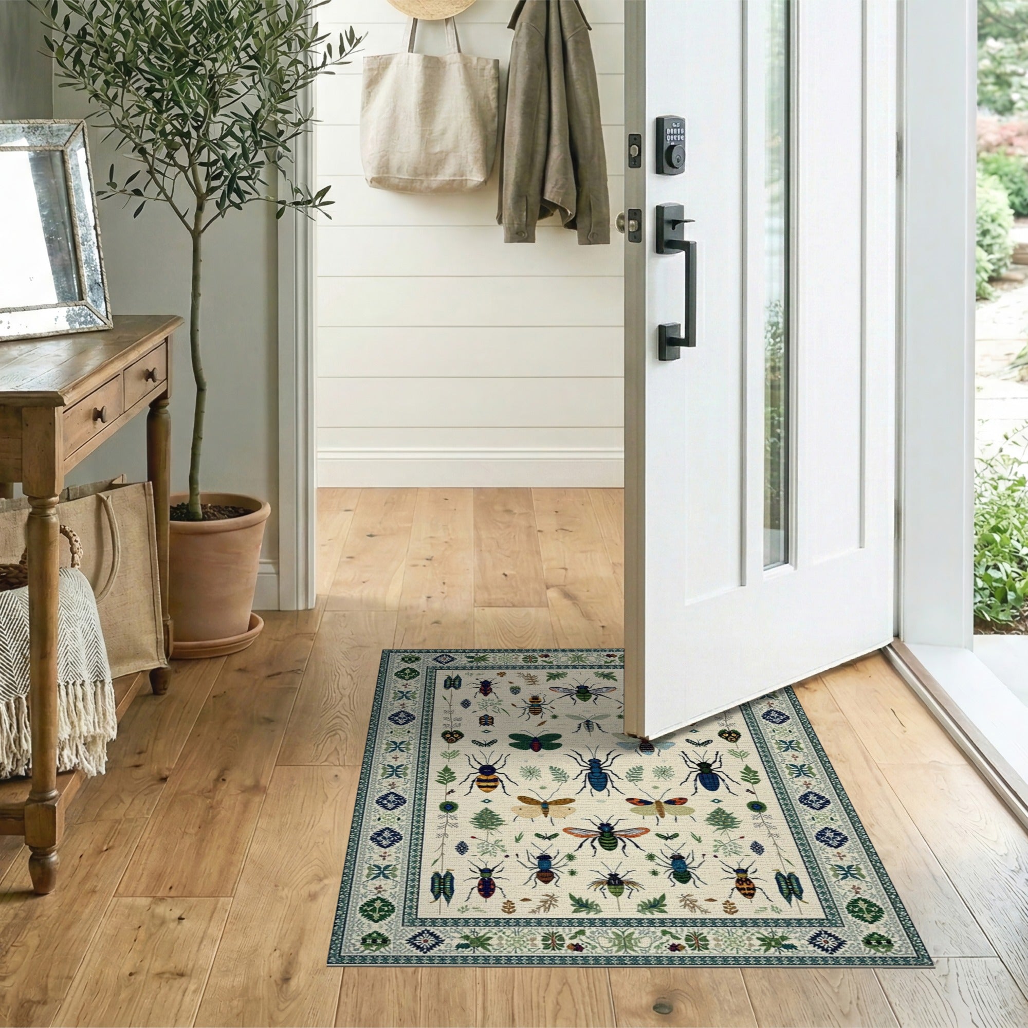Washable Vintage Insect & Botanical Low Pile Non-Slip Area Rug