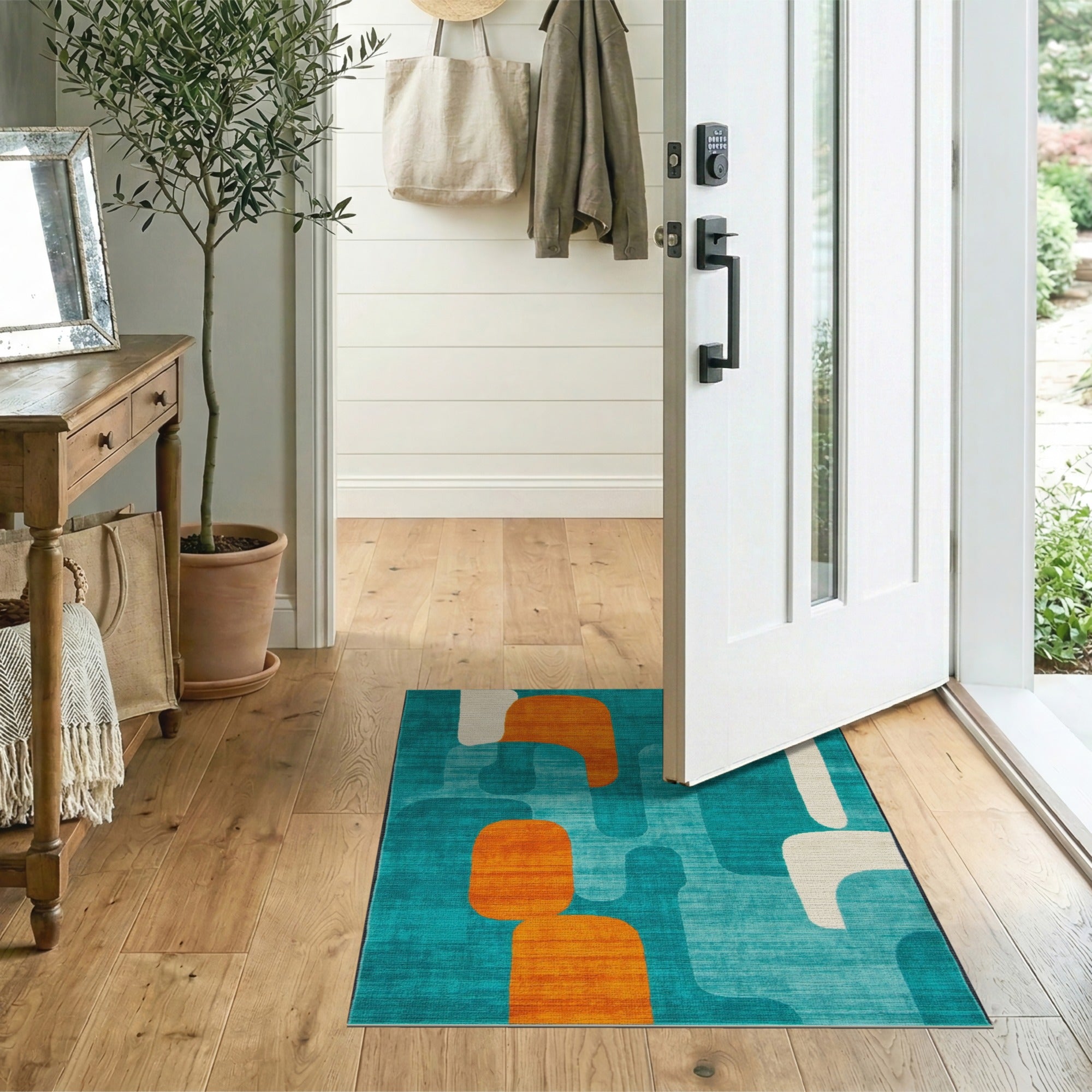 Blue and Teal Teal Orange Abstract Geometric Area Rug