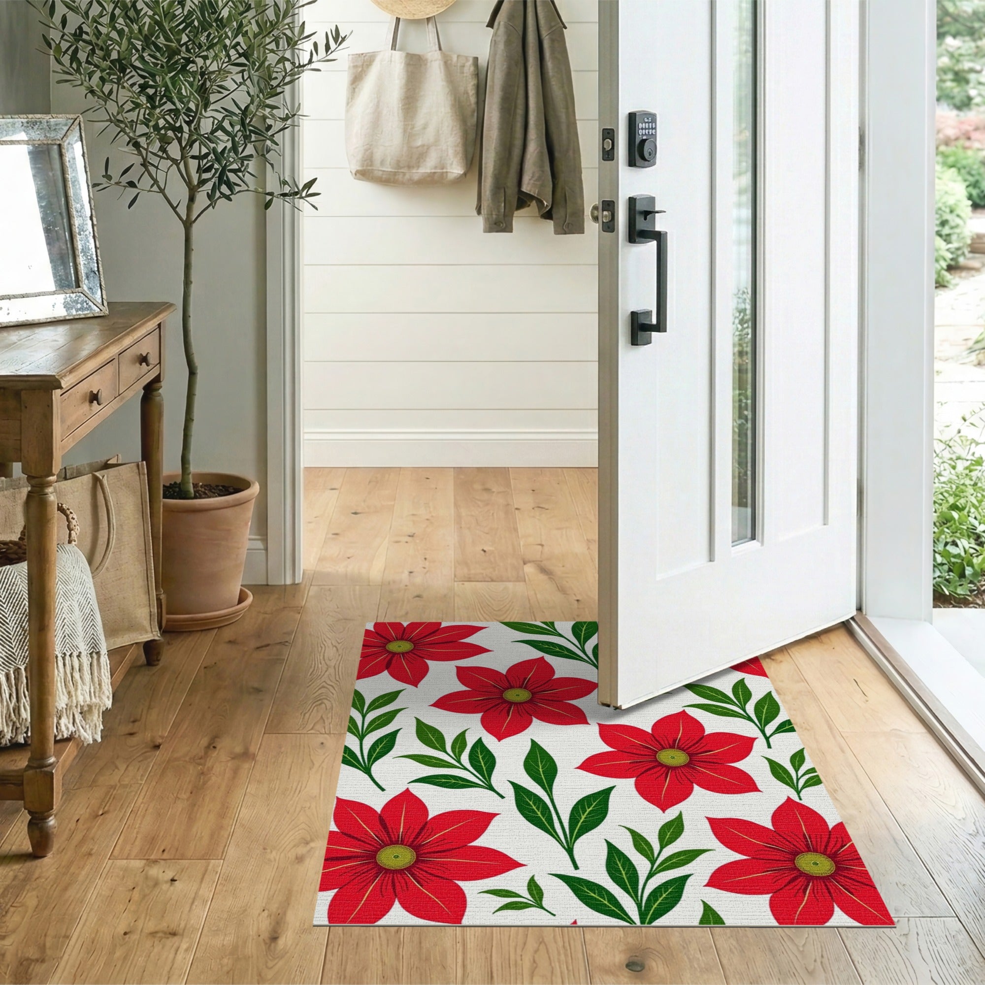 Vibrant Red Poinsettia Floral Pattern Area Rug