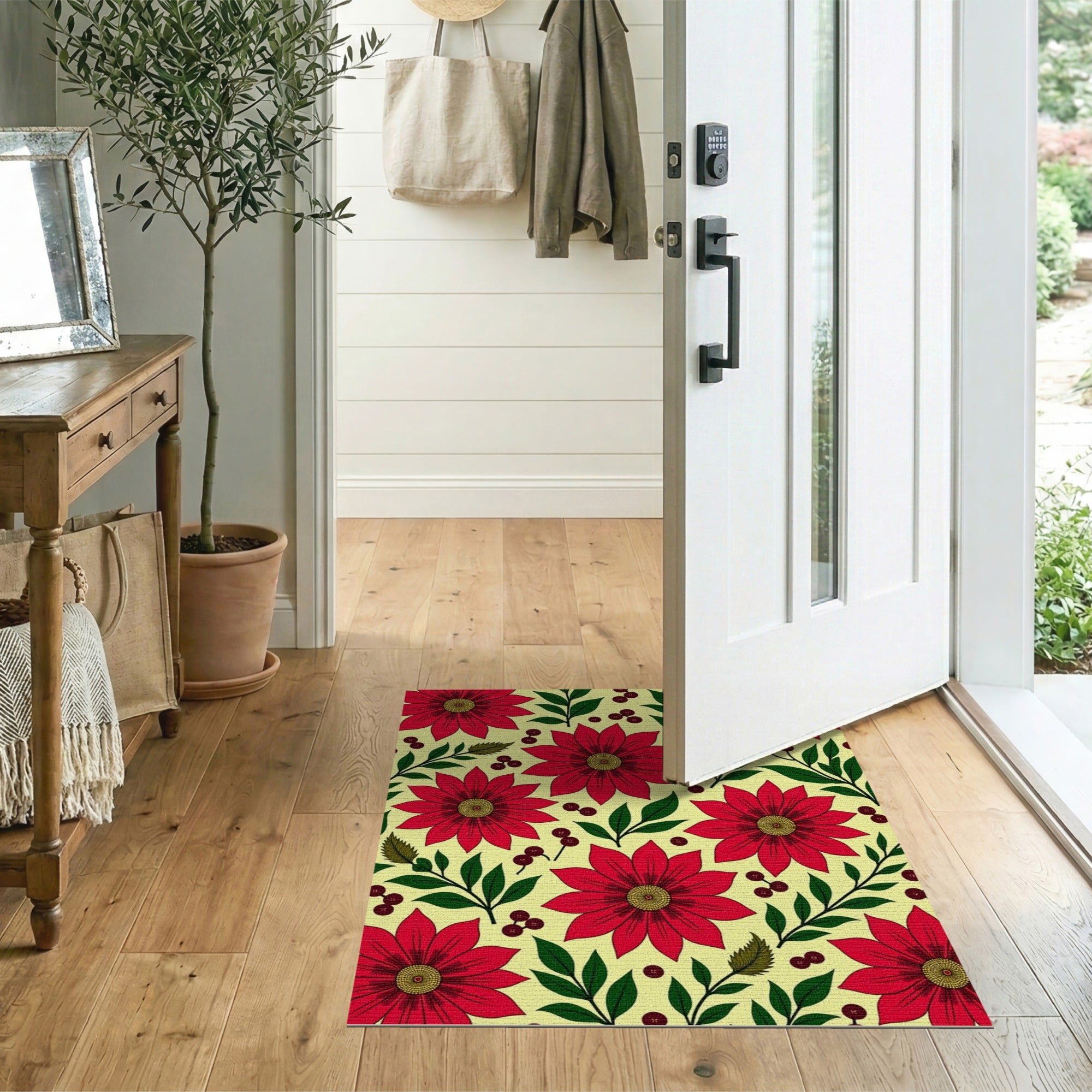Multi-color and Patterns Vibrant Red Poinsettia Floral Area Rug