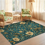 ODIKA Washable Teal and Gold Floral Area Rug - Vintage Low Pile Non-Slip Carpet
