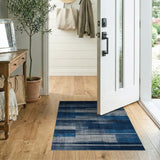 Distressed Navy Blue Grey Striped Area Rug