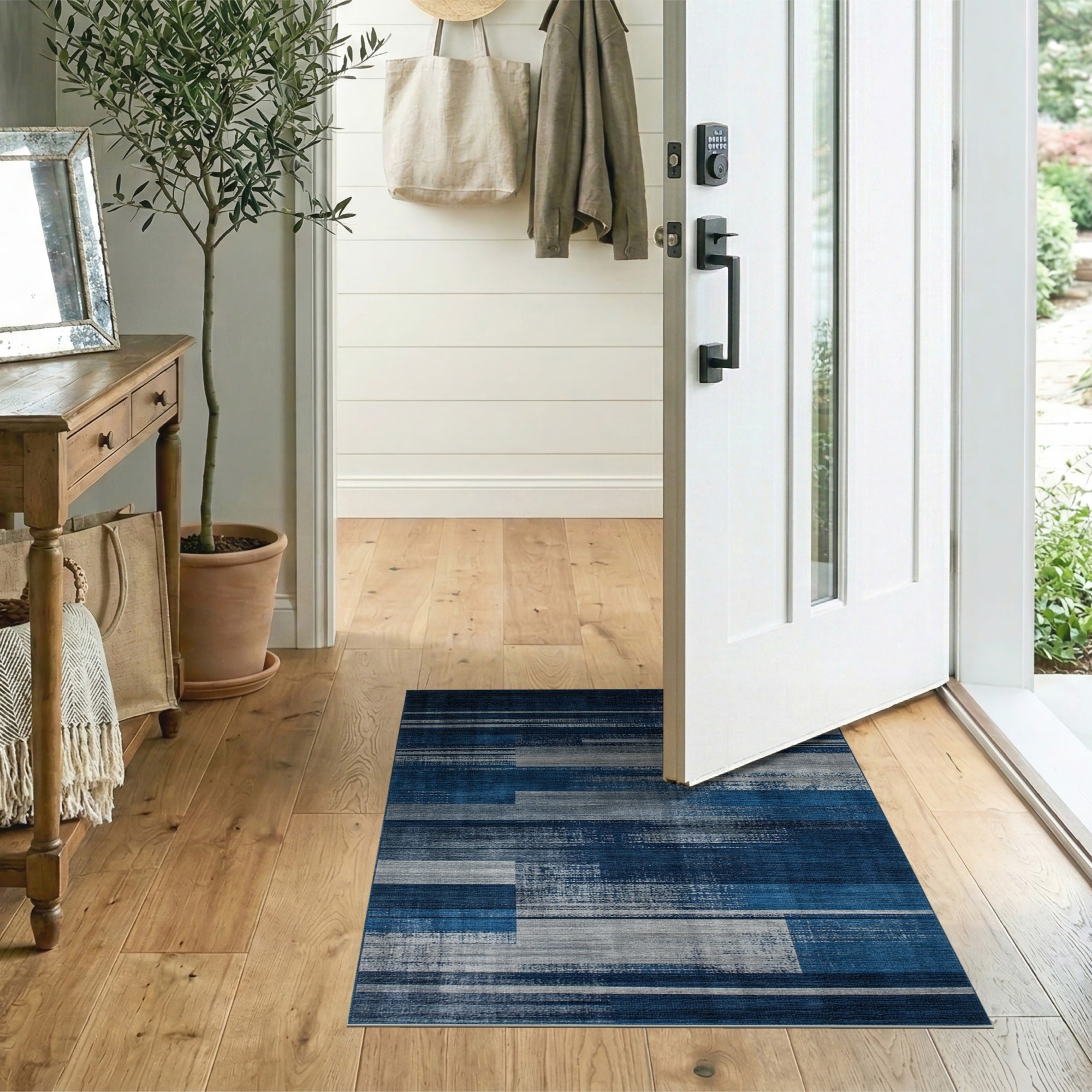 Distressed Navy Blue Grey Striped Area Rug