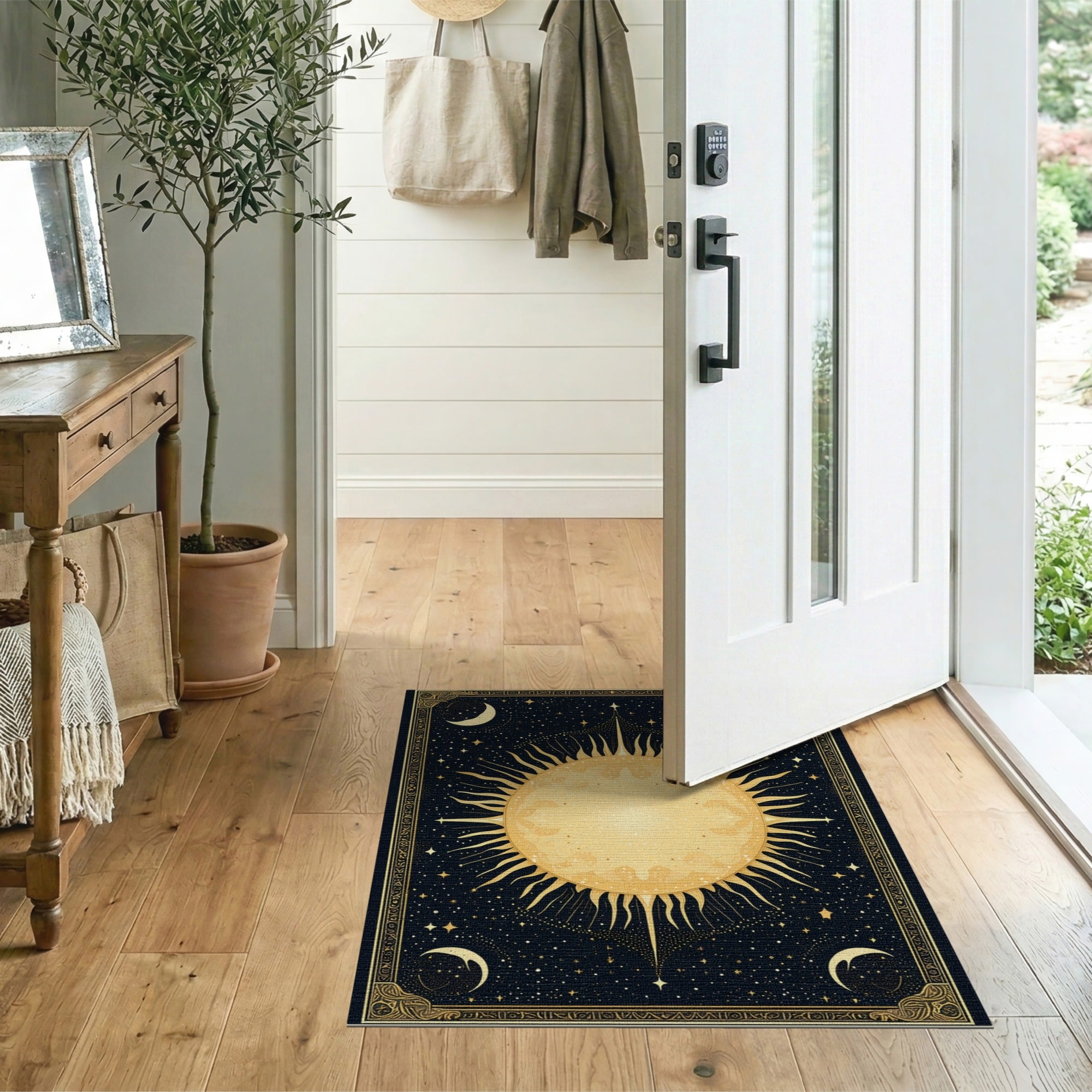Celestial Golden Sun Mandala Area Rug