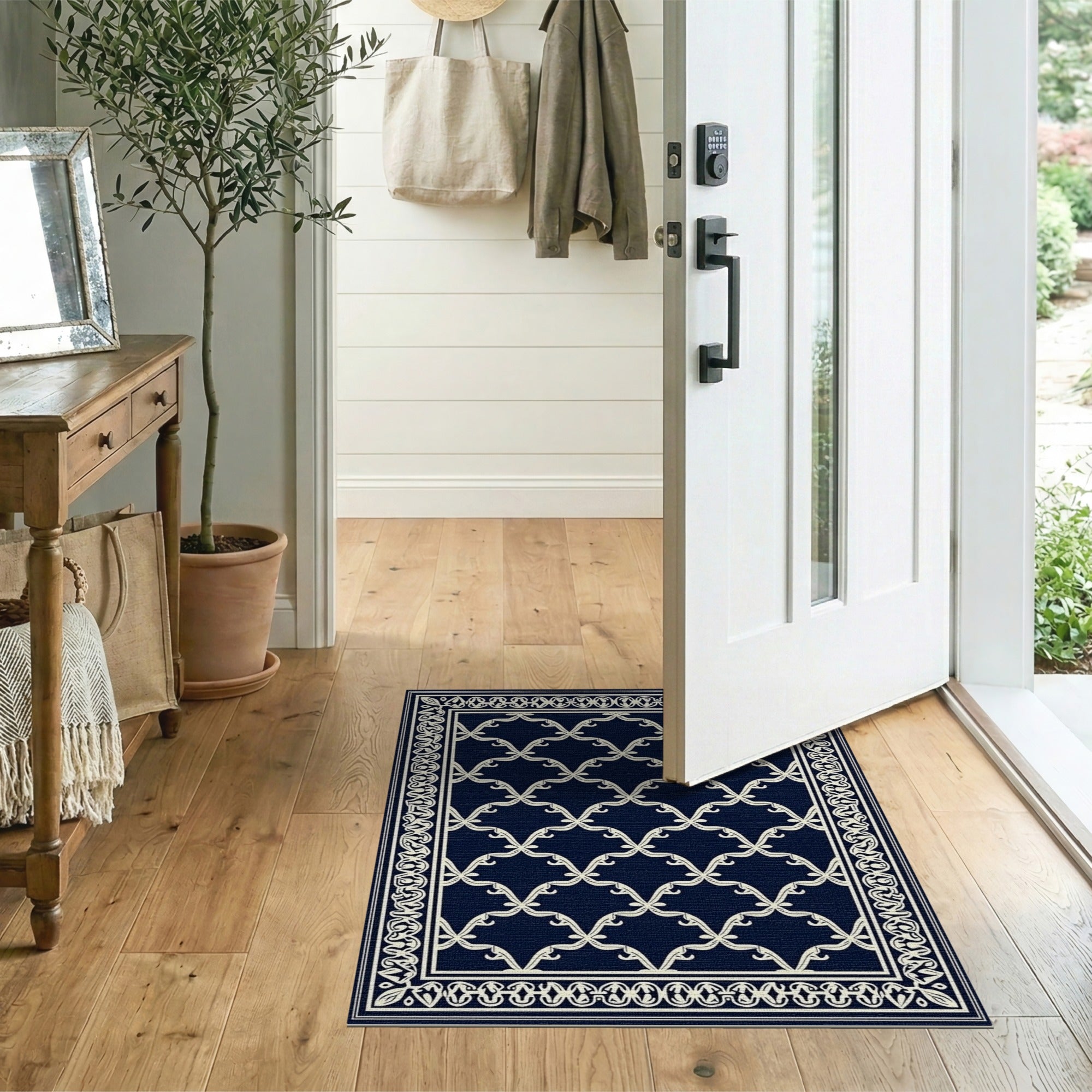 Blue and Teal Navy Blue Trellis Geometric Area Rug