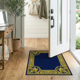 Navy Blue Gold Ornate Floral Border Area Rug