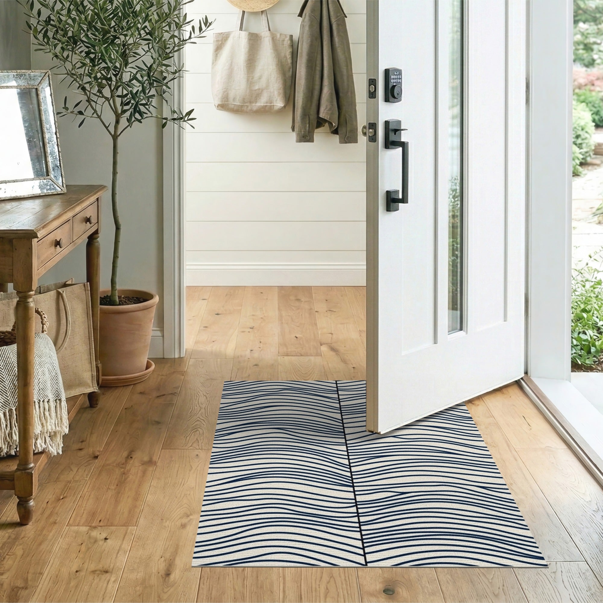 Navy Wavy Stripe Cream Area Rug