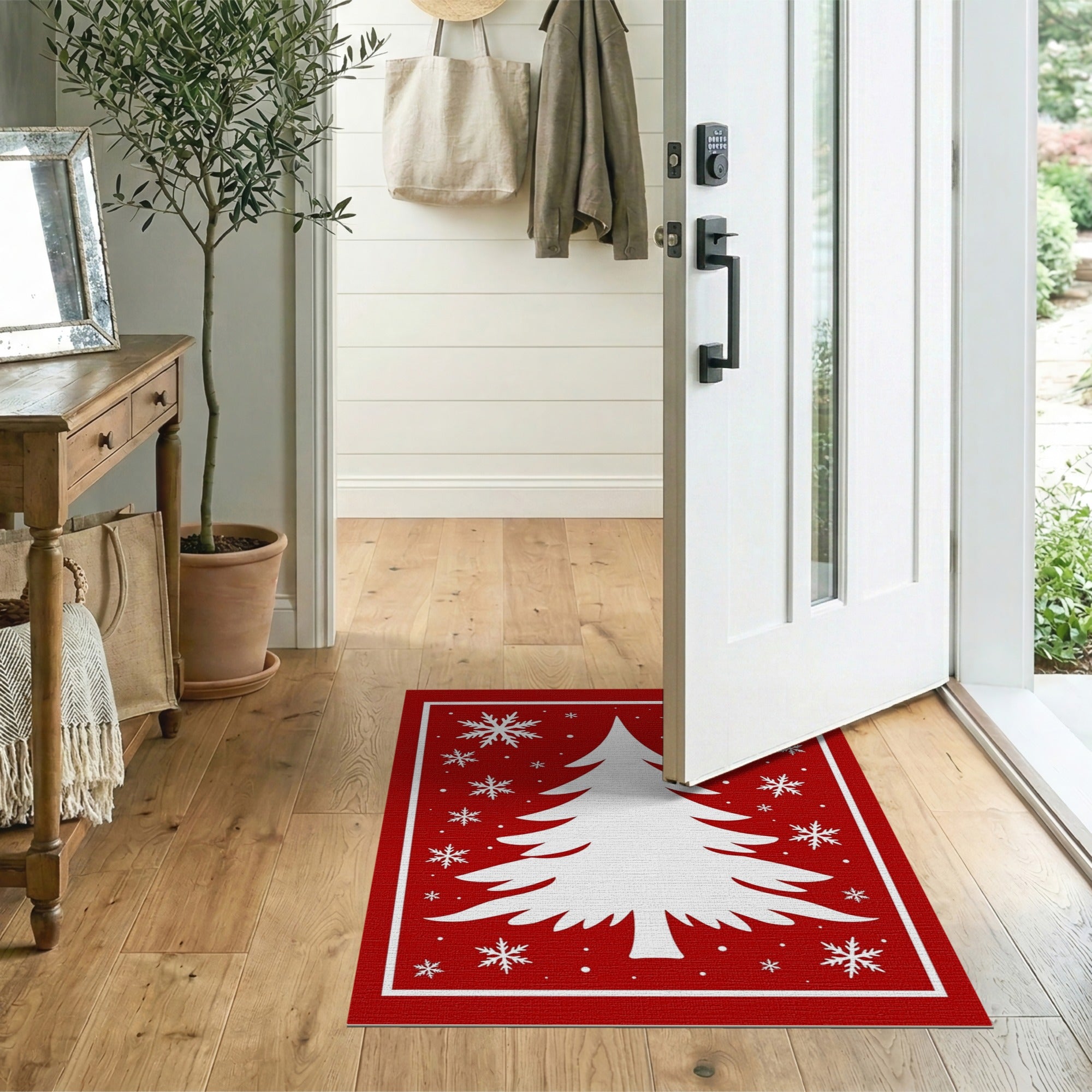 Festive White Christmas Tree Snowflakes Red Rug