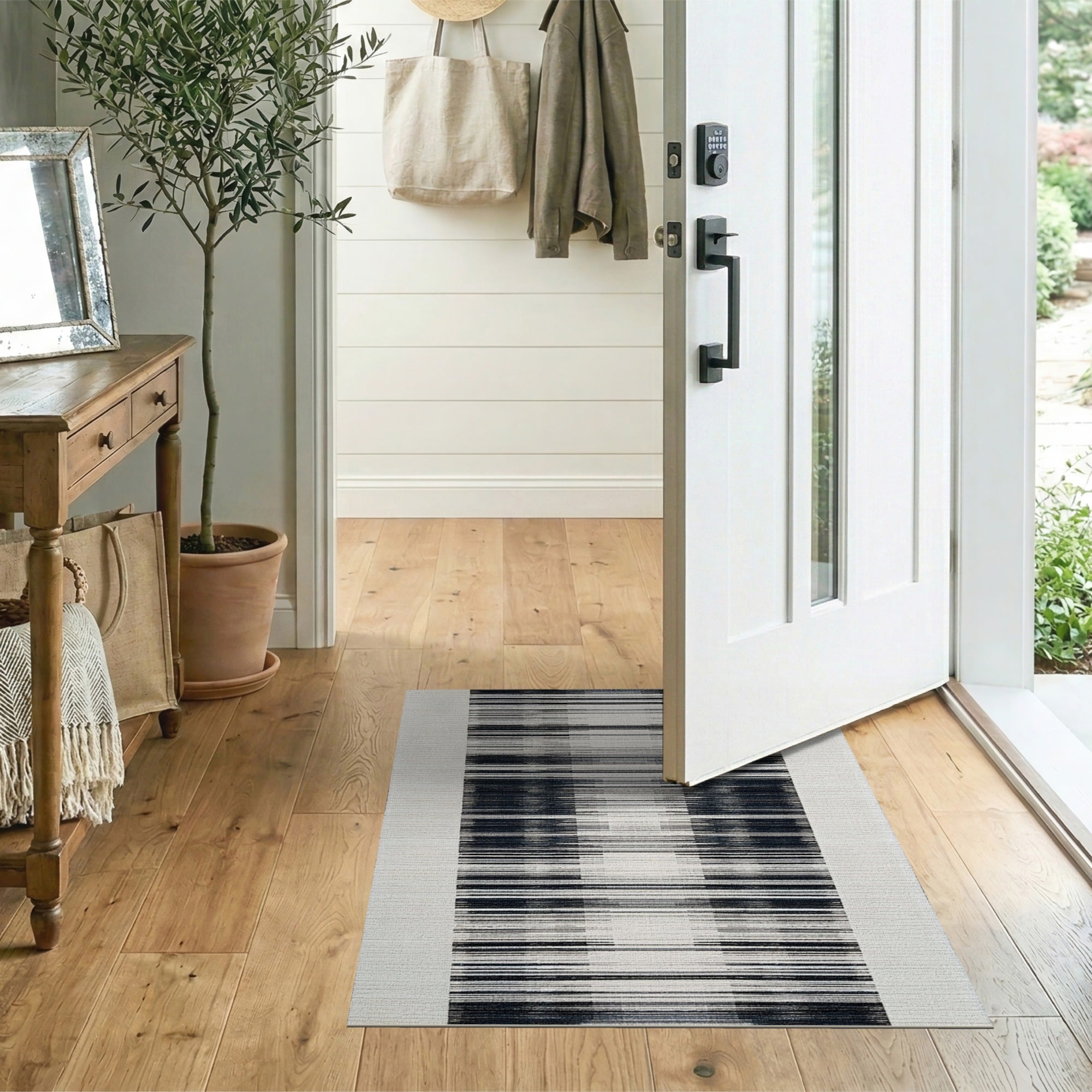 Black White Vertical Striped Distressed Area Rug
