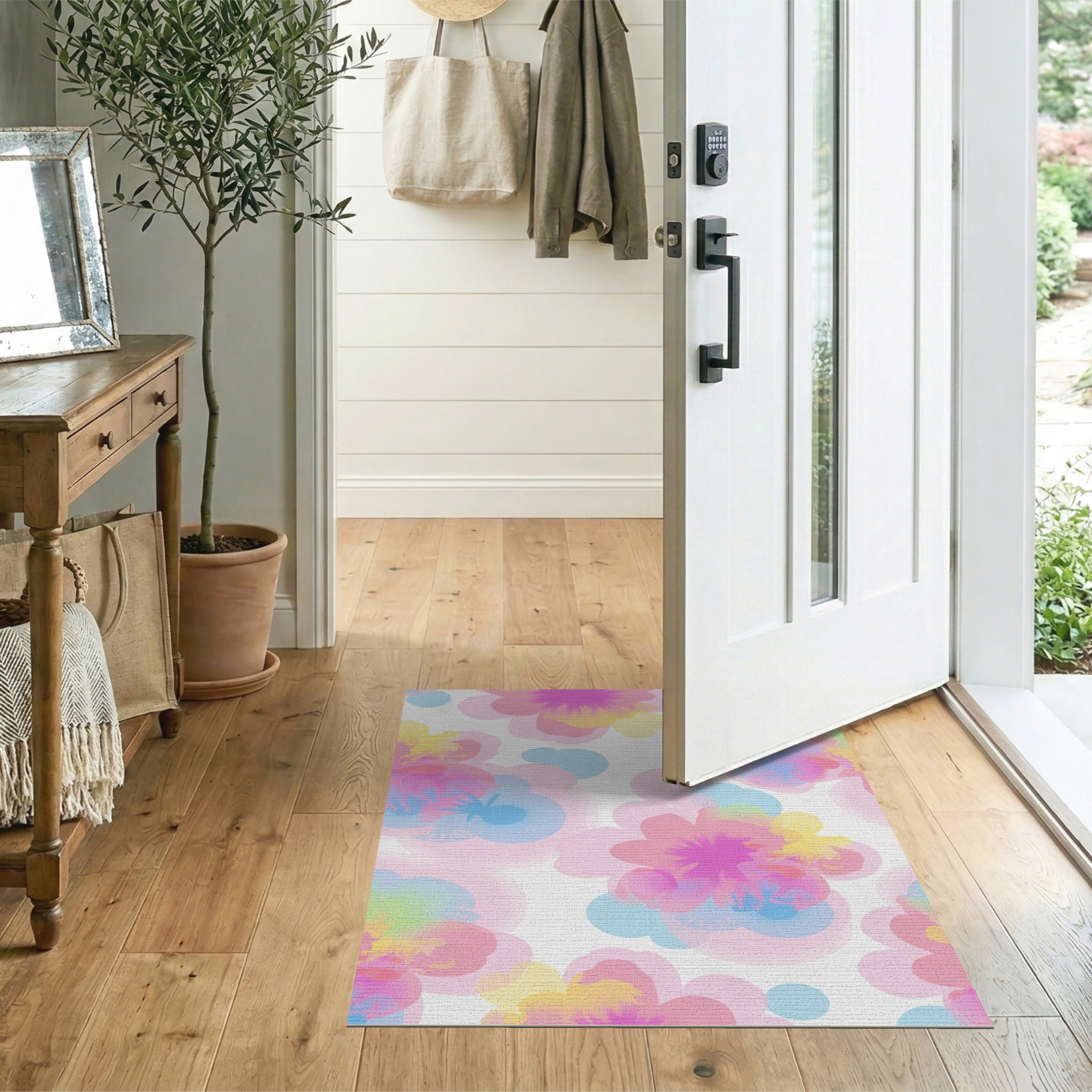 ODIKA Pastel Floral Watercolor Machine Washable Rug - Low Pile Non-Slip Area Rug