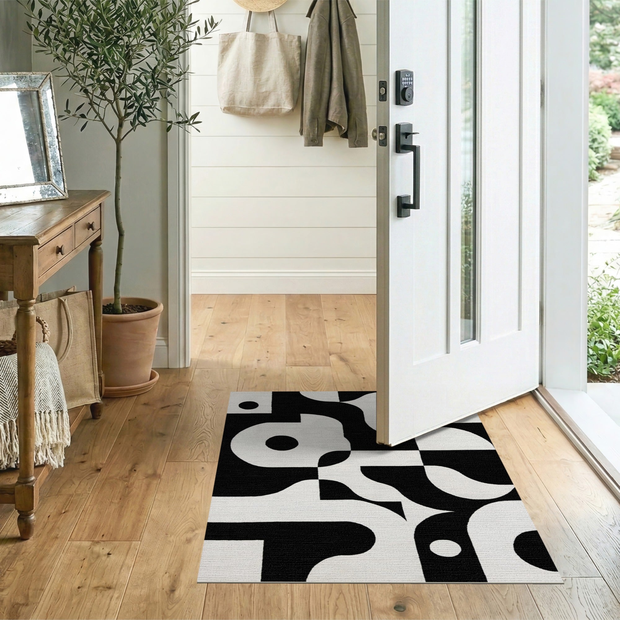 ODIKA Modern Geometric Black & White Washable Area Rug - Low Pile
