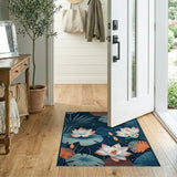Navy Lotus Blossom Area Rug with Teal Leaves