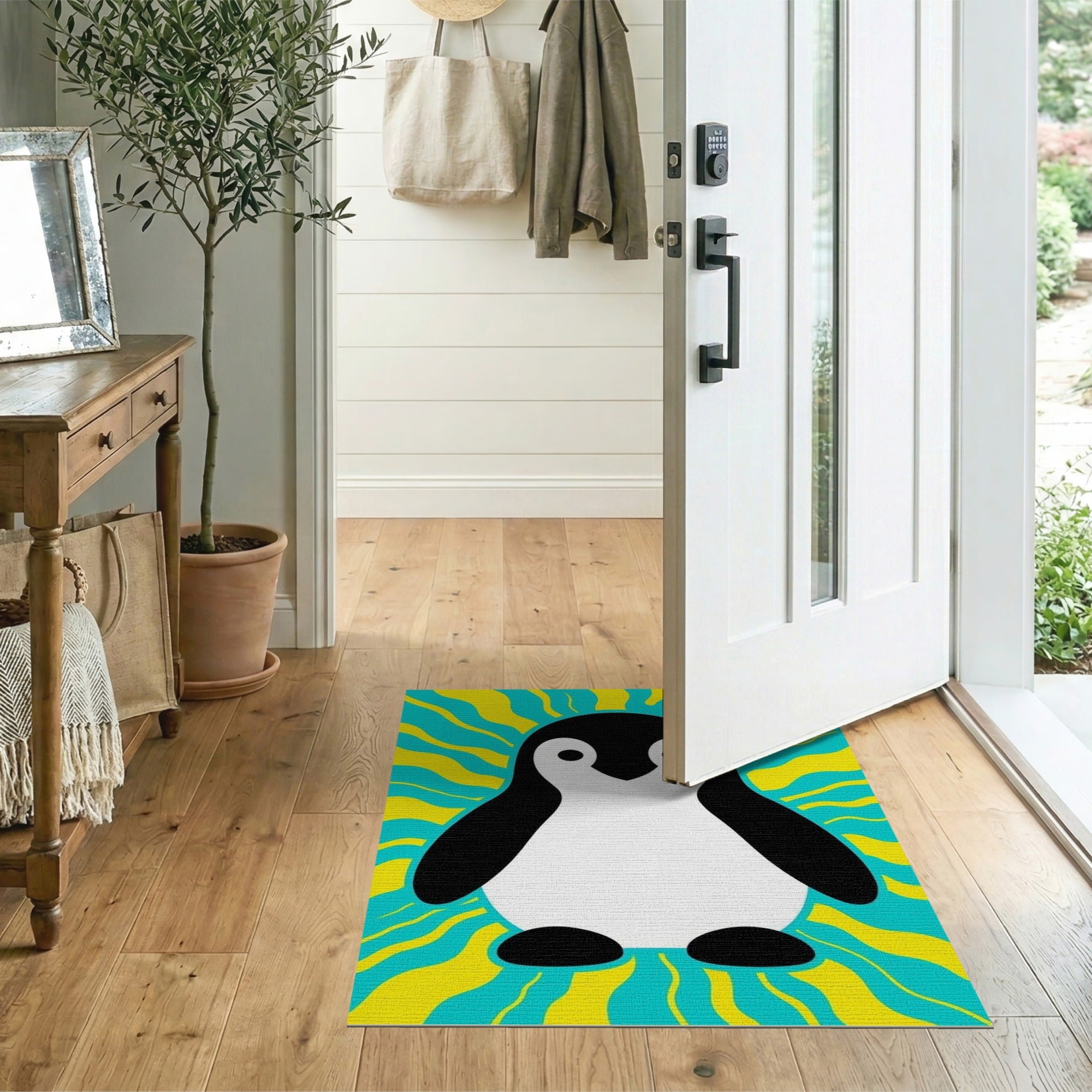 ODIKA Cute Penguin Pop Art Washable Low Pile Non-Slip Area Rug for Kids Nursery