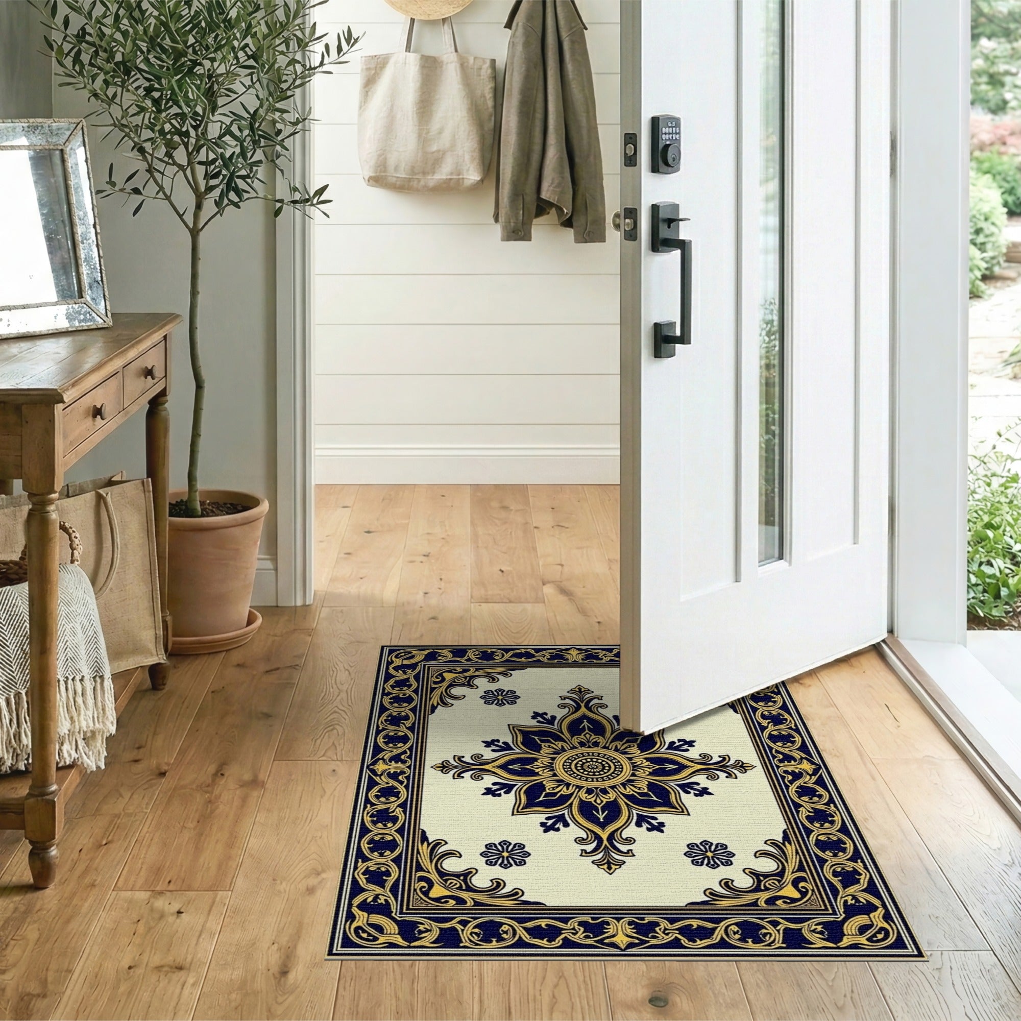 Navy Blue and Gold Ornate Medallion Area Rug