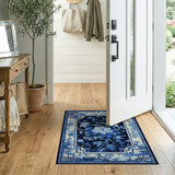 ODIKA Washable Blue and White Chinoiserie Peony Area Rug - Low Pile & Non-Slip