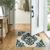 Teal Damask Area Rug with Black Accents