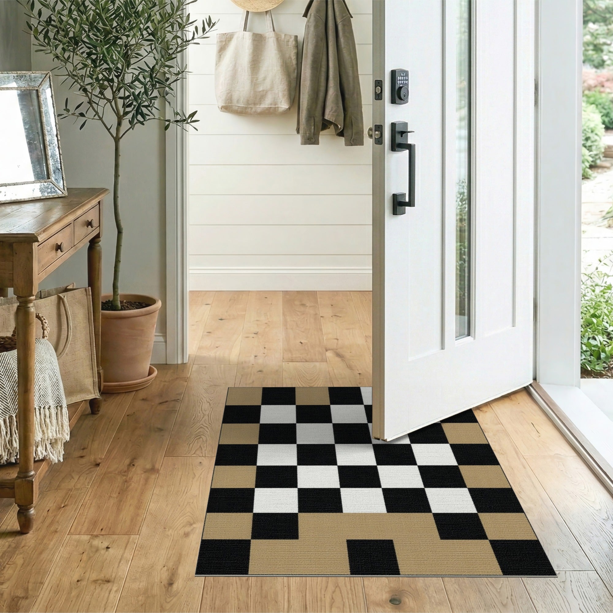 Tan Border Black White Patchwork Area Rug
